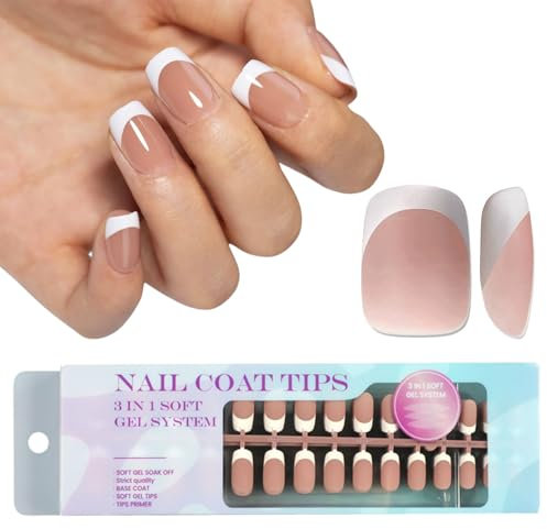 DMQ French Press on Nails, 300Pcs French Tip False Nails Short, Square Nude Brown X-coat Fake Nails, Full Cover Stick On Nail for Women White Tip Nail Art - 15 Sizes