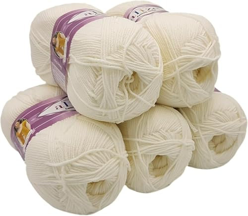 500g Strickwolle Ilkadim Export Cotton gold einfarbig, 5 x 100g Strickgarn mit 55% Baumwolle, uni (creme 62)