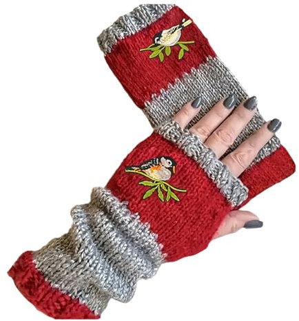 Armstulpen Damen Winter Handschuhe mit Vogelstickerei Fingerlos Strick Pulswärmer Damen Handstulpen Fäustlinge Strick Fingerlose Fäustlinge Stulpen Damen Hände Lange Handschuhe (Rot, EINGRÖSSE)