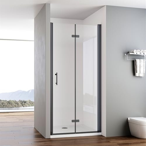 IMPTS Duschtür Faltbar 75cm Schwarz Nischentür Rahmenlos Dusche Duschkabine Falttür Nische Duschabtrennung 6mm NANO ESG Klares Sicherheitsglas Höhe 195cm
