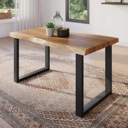trelevo Esszimmertisch 120x80 cm, Akazienholz massiv, Tischplatte naturfarben, echte Baumkante, U-Gestell schwarz, Baumkantentisch
