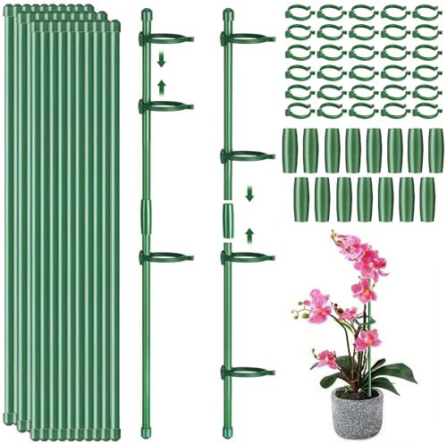 JEDWKFA 75 Stück Pflanzenstütze, Orchideen Stäbe, Rankhilfe, Rankhilfe Zimmerpflanzen, mit 30 Karabinern Ausgestattet, mit 15 Verlängerungsrohren, für Orchideen, Pfingstrosen, Kletterpflanzen