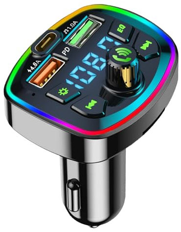Knocery Bluetooth Voiture transmetteur FM, Adaptateur Bluetooth Voiture Radio Lecteur de Musique mp3, Charge Rapide USB et Type C QC3.0, Appels Mains Libres, Multicolore
