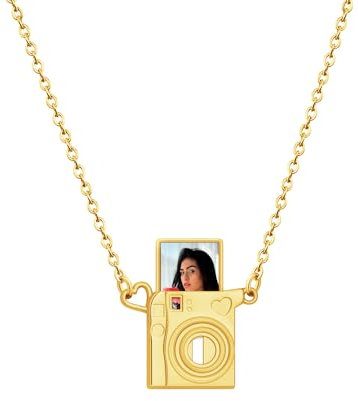 Kiddo Sky Personalised Photo Locket Necklace, Camera-Shaped Design, Custom Photo Pendant Necklace - Mothers Day Photo Gifts for Mom Wife Valentines Love Memorial Gifts for Girlfriend (Gold)