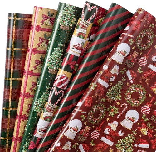 RUSPEPA Weihnachtsgeschenkpapier: Vintage-Weihnachtsmann, Weihnachtsbaum, Geschenkbox, Schleife, Karo- Und Streifen-Design – Geschenkpapier Für Weihnachten, Feiertage, 6 Gefaltete Bögen, 50 X 70 Cm