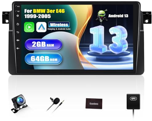 SIXWIN 2+64G Android 13 Autoradio für BMW 3er E46 1999-2005 mit Carplay/Android Auto,9 Zoll Kapazitive Touchscreen mit WiFi GPS Bluetooth FM/RDS EQ+Rückfahrkamera