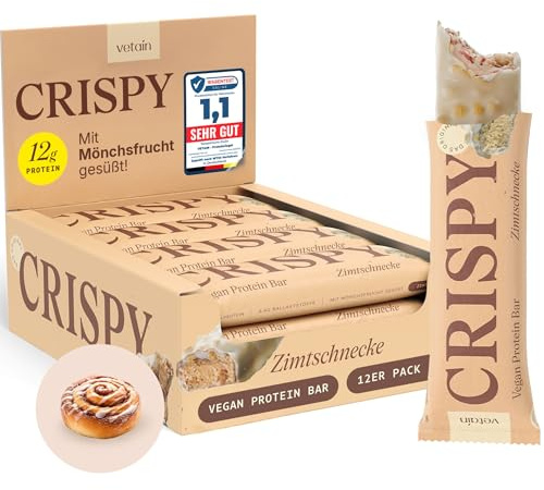 VETAIN Vegane Proteinriegel - Crispy Zimtschnecke - 12g Eiweiß pro Riegel | Protein Bar mit Mönchsfrucht gesüßt - 100% natürliche Zutaten - Ohne Palmöl - Frei von Sucralose & Maltit - 12 x 55g