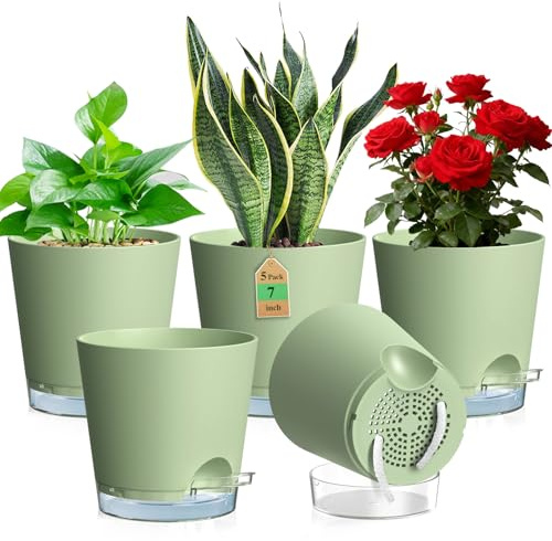 WSMKSZ 17.6cm Self Watering Plant Pots Indoor, 5 Pack Flower Pots, Green | 7 inch Medium Plastic Planter Pots with Clear Reservoir, Visible Water Level&Drainage Holes, Cotton Wick, for Outdoor Plants
