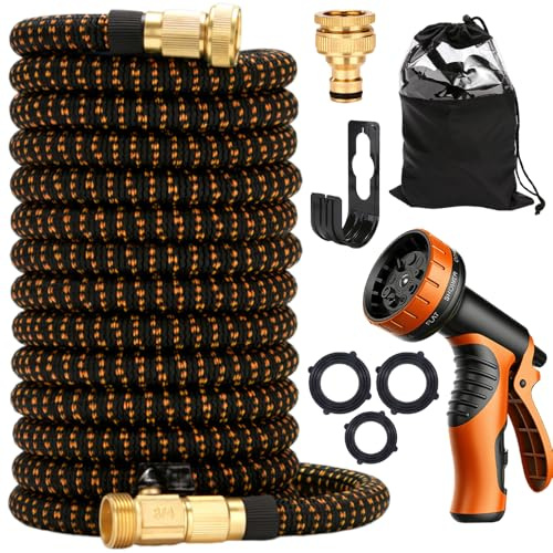 Expandable Garden Hose, 100ft Expanding Hose with 10 Function Spray Gun, Flexible Expanding Garden Hose Pipe with 3/4&1/2 Solid Brass Connectors Durable Weave & No-Kink for Gardening, Cleaning