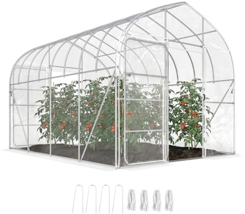 Outsunny Stahl-Tunnelgewächshaus 12m² PO-Folie 25mm Robust | Antitropf, verstärkter Rahmen, 2 Schwingtüren, Tomatengewächshaus, Wintergemüseanbau, transparent