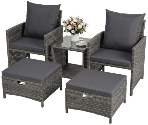 Grennswick 5-Piece Outdoor Rattan Garden Furniture Set with Storage - Includes 2 Armchairs, 2 Multi-Functional Ottomans & Coffee Table - PE Wicker Patio Conversation Set for Deck, Balcony, Backyard