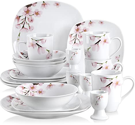 VEWEET ANNIE Vajillas Elegantes de 20 Piezas para 4 Personas Vajillas de Porcelana con 4 Hueveras, 4 Tazas Mugs 350 ml, 4 Cuencos de Cereales, 4 Platos Llanos y 4 Platos de Postre, Motivo Floral Rosa
