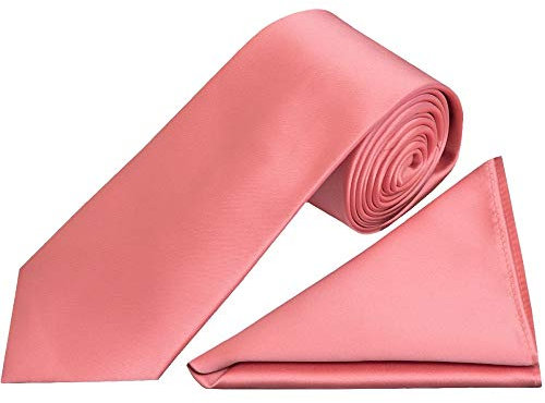 TIES R US Plain Light Coral Pink Satin Classic Men's Tie and Pocket Square Set
