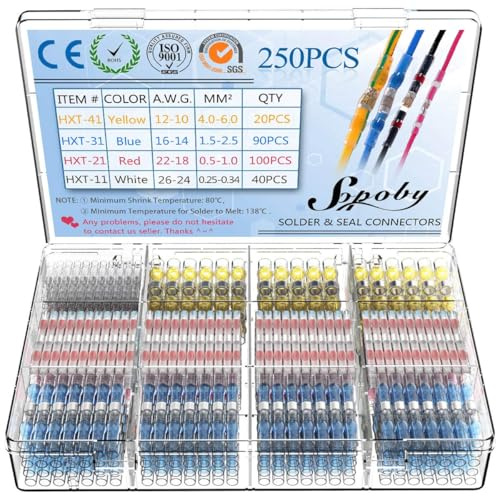 Sopoby 250PCS Solder Seal Wire Connectors Insulated Waterproof Electrical Wire Terminals Heat Shrink Solder Butt Connectors Solder Connector Kit for Automotive Marine