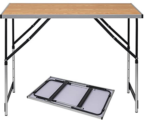 eSituro Campingtisch Alu Klapptisch höhenverstellbar 100x60x73-94cm Falttisch Picknicktisch, Tischplatte aus MDF, Eiche