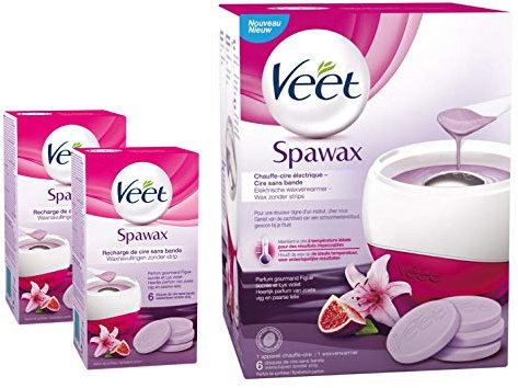 Veet - Spawax Chauffe Cire Electrique - Epilation Cire Chaude sans Bande - 1 Appareil et 2 boîtes de 6 recharges Figue Sucrée