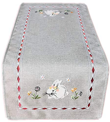 Raebel OHG Ostern Hellgrau Tischdecke Tischläufer Deckchen Osterdeko Hasen Rosa 100% Polyester (30 x 70 cm Tischläufer rechteckig)
