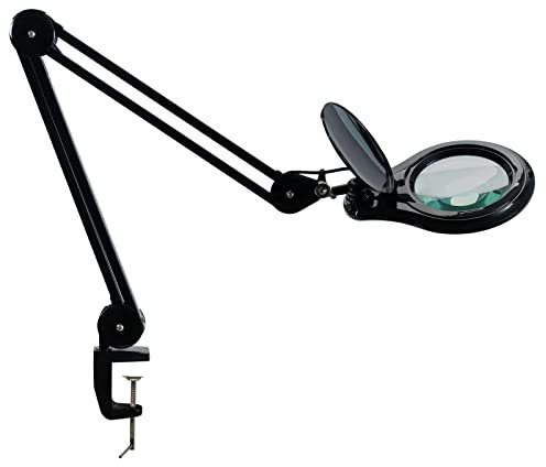 bemelux 2-in-1-LED-Lupenlampe mit Klemme, Vier Dimmstufen, 60 Superhelle LEDs, 1200 Lumen, 14 W, 5-Zoll-Lupenlinse, 2,25-fache Vergrößerung. Geeignet zum Reparieren, Lesen, Nähen, Nähen.(Schwarz)