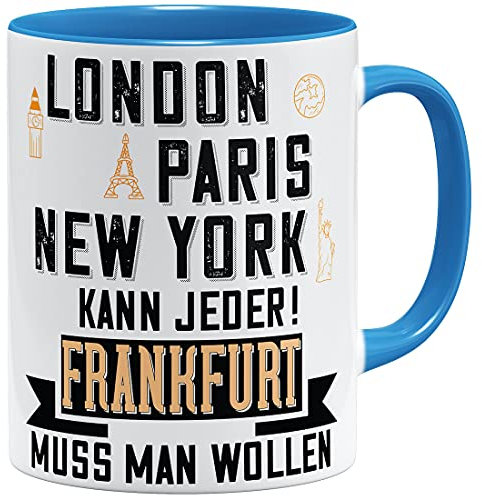 OM3® Frankfurt Tasse mit Stadtnamen Städtetasse | Keramik Becher | 11oz 325ml | Beidseitig Bedruckt | Hellblau