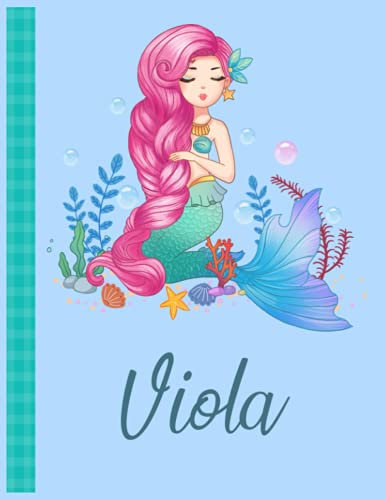 Viola: Personalized Mermaid Handwriting Notebook Blue Color With Blue Name Large Size 8.5'' x 11'' x 115 Pages White Paper Blank Journal Gifts for Kids - Baby and Students