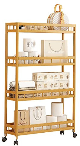 TIE-DailyNec Kücheninsel Wagen auf Rädern Servierwagen Bambus Rollwagen mit 4 Ebenen Kleiner Küchenrollwagen für Küchen-Servierbar, vielseitig einsetzbar (60 X18 X96cm)
