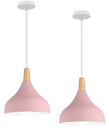 Hongho Suspension Luminaire Vintage Métal Lustre Industriel Lampes E27 Corde Ajustable Abat-jour Bois Aluminium pour Salon Cuisine Restaurant Salle à manger Chambre (Rose 2pcs)