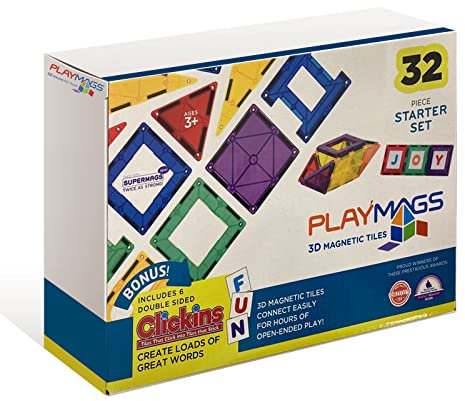 Playmags 32-Piece Colorful Tile Set Age 3+, Unique Award-Winning Magnetic Building Tiles for Kids, Creativity, and Educational Building Toys for Children, Magnetic Tiles For Kids STEM Approved