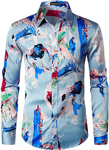 PARKLEES Chemises pour homme Hipster en soie imprimée, coupe ajustée, manches longues, boutonnées en satin, XXL
