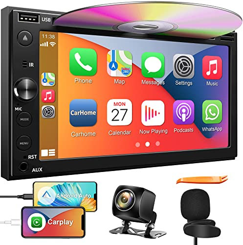 Double Din Car Stereo with CD/DVD Player Apple Carplay & Android Auto, 7 Inch Car Radio with Bluetooth and Backup Camera, Touch Screen, Mirror Link, Steering Wheel Control, USB/TF/AUX Input, AM/FM