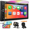 Estéreo de coche de doble DIN con reproductor de CD/DVD Apple Carplay y Android Auto, radio de coche de 7 pulgadas con Bluetooth y cámara de respaldo, pantalla táctil, enlace de espejo, control del