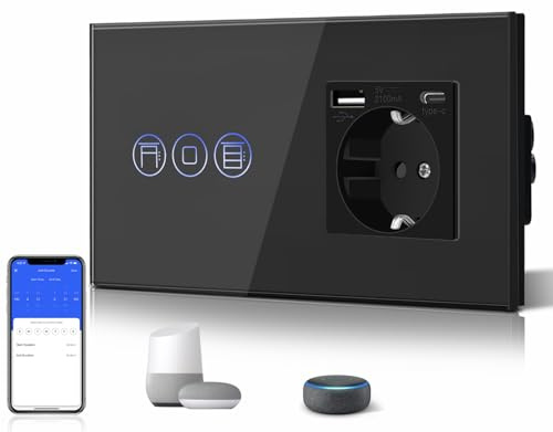 BSEED WLAN Rolllade mit Steckdose USB C (Neutralleiter Erforderlich) | WLAN Touch Lichtschalter WIfI Schalter aus Glas Alexa und Google Home Work mit Tuya