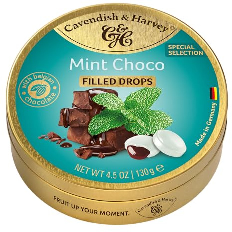 Cavendish & Harvey Mint Choco Drops 130g Dose | Special Edition | Pfefferminzbonbons mit Schokoladefüllung | Vegan, Halal, Koscher | 1 x 130g