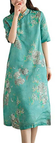 YM YOUMU Women Floral Bamboo Printed Qipao Dress Cotton Linen Chinese Traditional Ethnic Cheongsam Dress