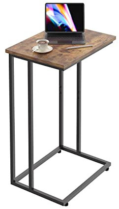 InnerJoin Breiter C-Beistelltisch, C-förmiger Beistelltisch mit Metallrahmen, kleiner Snack-Beistelltisch für Couch und Bett, Retro-Laptop-C-Beistelltisch, Industrie-Stil, rustikales Braun