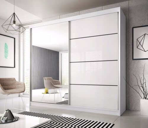 ML Furniture F35 Sliding Door Wardrobe Full White 183 cm - Mirror - Wardrobes for Bedroom with Clothes Rail – Bedroom Furniture Set High Gloss – 183 x 218 x 61