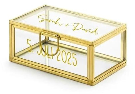Ring-Box personalisiert mit Namen & Datum Hochzeit Ring-Kissen Alternative Glas-Schatulle transparent & gold Hochzeitszubehör Hochzeits-Deko Schmuck-Aufbewahrung Ehe-Ringe Trauung 9 x 5,5 x 4cm