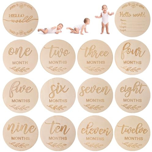 DBREAKS 14 Baby Wooden Milestone Cards Pregnancy/Baby,Tarjetas de Hitos para Bebés madera,Tarjetas meses Bebé,Milestone cards,Regalos para embarazadas,Regalos para recién nacidos y futuras mamás.