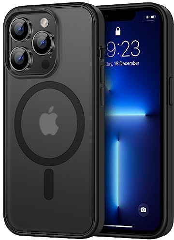 TENDLIN Magnetic Case Compatible with iPhone 13 Pro Max Case [Compatible with MagSafe] Translucent Matte Hard Back with Soft Silicone Bumper Comfortable Case (Black)