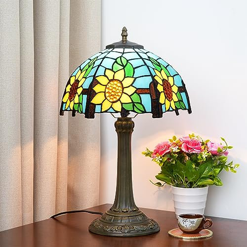 Blivuself Vintage Sonnenblume Tiffany Stil Bunt Glas Tischlampe Schlafzimmer Nachttisch Schlafsaal Wohnzimmer Büro Handwerk Dekor Blau Lese Nachtlicht Nette Nachttisch Retro Metall Schreibtisch Lampe