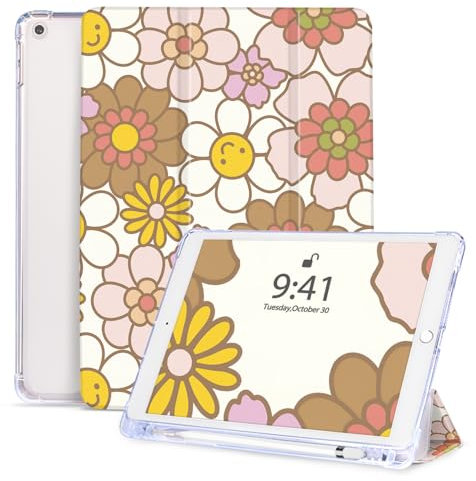 Vozehui 10.2 Pulgadas Funda para iPad 9ª/8ª/7ª Generación Funda con Soporte para Lápiz,Tri-Fold Stand Auto Sleep Wake Shockproof Cover con Carcasa Trasera Transparente para iPad 10.2 2021/2020/2019