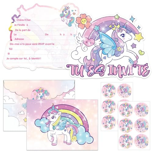 SHOWHEEL Carte Invitation Anniversaire Fille 12 Pièces, Carte Anniversaire Licorne avec Enveloppes et Autocollants Licorne, Invitation Anniversaire Fille, Licorne Anniversaire Fille