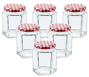Lucenté 6PC Glass Jam Jars Preserve Pots Pickle Jars with Airtight RED Gingham Screw Top Lids - 280ml