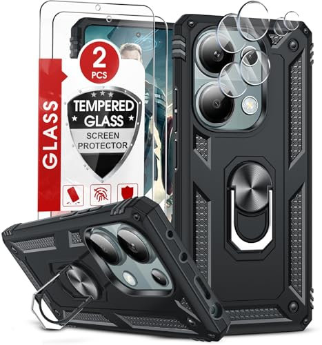 LeYi Hülle für Xiaomi Redmi Note 13 Pro 4G Handyhülle mit 2 Schutzglas & 2 Kamera Folie, Stoßfest Case Metall Ständer Cover Handy Hüllen Redmi Note 13pro 4 g Outdoor Schutzhülle Schwarz