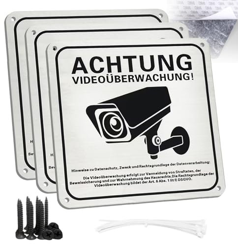 Zamety 3 Stück Aufkleber Videoüberwachung, 15 X 15 cm Videoüberwachung Schild, Aluminium Schild Kameraüberwachung mit Selbstklebend und Bohrlöcher, Grundstück Wird Videoüberwacht für Innen und Außen