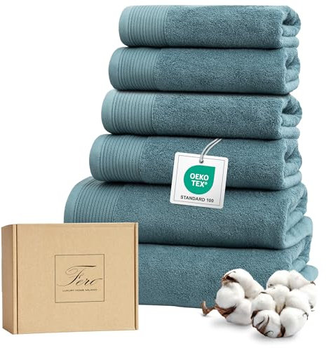 Ferò Set Asciugamani Bagno Grandi di Lusso 6 Pezzi, OEKO-TEX 100% Cotone Premium, 550 g/m², Ultra Morbido e Assorbente, 2 Asciugamani Doccia 70x140, 4 Asciugamani Viso 50x100, Azzurro