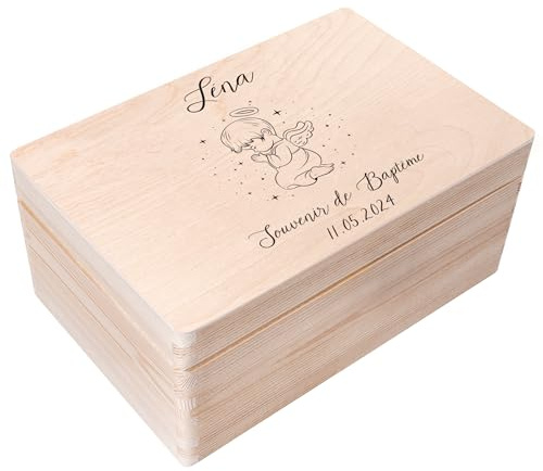Creative Deco Personalisiert zur Taufe Geschenk für Mädchen und Junge | Engel Motiv | Holzkiste Erinnerungsbox Deko | Individuelles Geschenk Spielzeugkiste Holzbox mit Deckel | Spardose