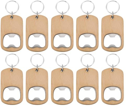sourcing map 10Pcs Wooden Bottle Opener, 2.6 Wood Handle Stainless Steel Bottle Opener Keychain, Unfinished Wood Key Chain Blanks for Kitchen Bar Restaurant
