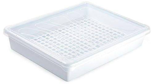 Tradineur - Bandeja frigorífica de almacenamiento con tapa y rejilla, plástico, reutilizable, descongelar alimentos, fabricado en España - 4 litros - 35 x 27,5 x 6,5 cm - Blanco