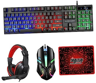 CAXUSD Clavier Et Souris Filaire Touches avec Tapis De Souris Et Casque Audio Rétroéclairé Clavier Complet pour Jeux