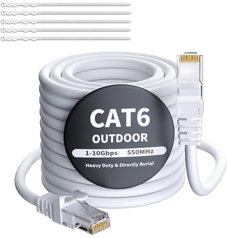 Mygatti Cable Ethernet CAT 6 de 20 metros - blanco,para uso en exteriores,resistente al agua,1.0 Gigabit,UTP, CCA,cable de conexión LAN RJ45 para cámara POE, router, módem, switch + 25 bridas